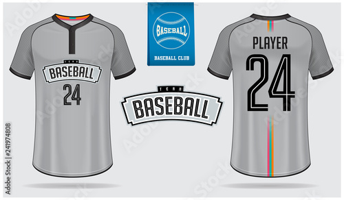 Baseball jersey, sport uniform, raglan t-shirt sport, template design. Baseball t-shirt mock up. Front and back view baseball uniform. Flat baseball logo on blue label. Vector Illustration.