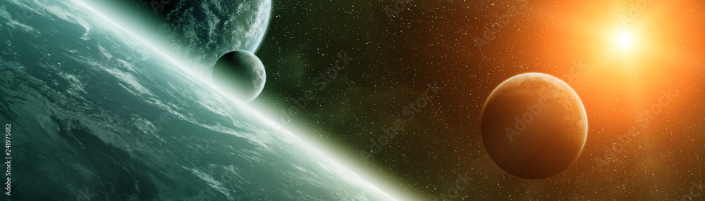 Naklejka premium Panoramiczny widok planet w odległym układzie słonecznym Elementy renderowania 3D tego obrazu dostarczone przez NASA