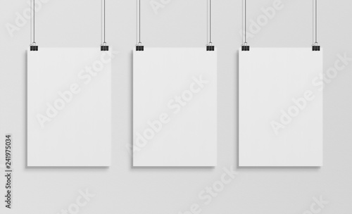 Three white poster hanging mockup 3d rendering