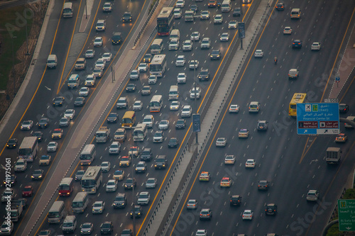 Photography Top view of numerous cars in a traffic jam in Dubai, United Arab Emirates