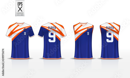 Blue T-shirt sport template design for soccer jersey, football kit and tank top for basketball jersey. Sport uniform in front and back view. Sport shirt mock up for sport club. Vector Illustration.