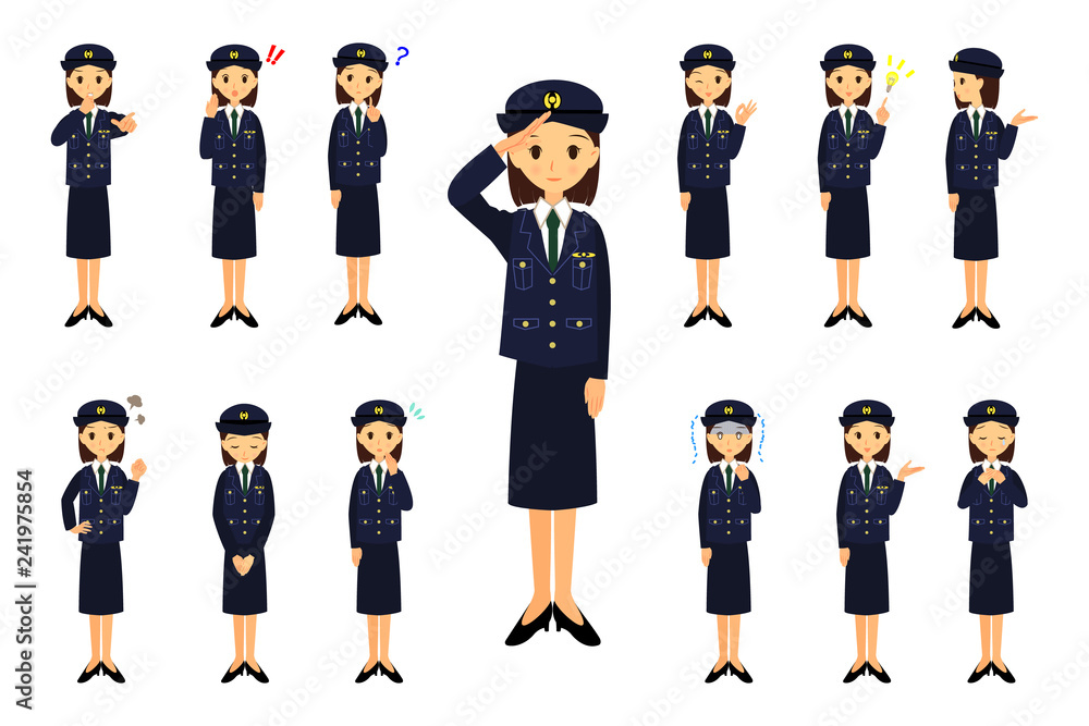 警察官　女性　色々な表情とポーズ　セット　全身
