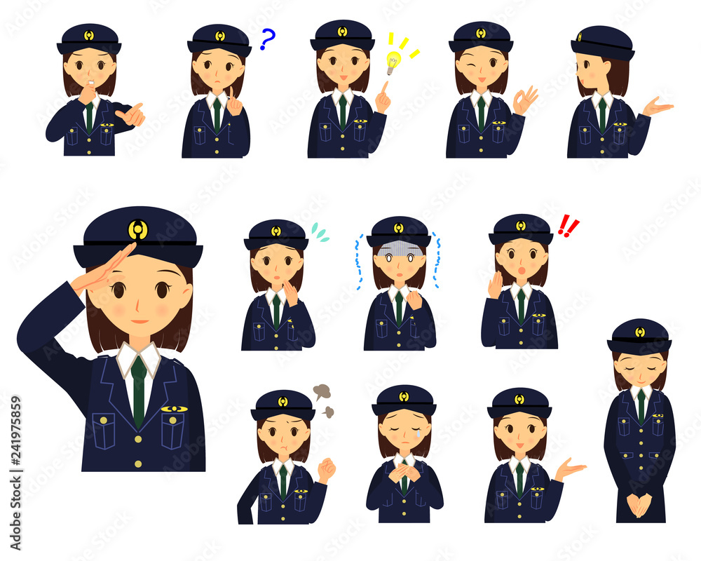 警察官　女性　色々な表情とポーズ　セット　上半身