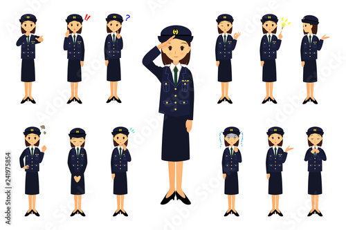 警察官　女性　色々な表情とポーズ　セット　全身