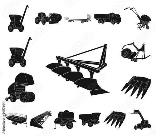 Agricultural machinery black icons in set collection for design. Equipment and device vector symbol stock web illustration.