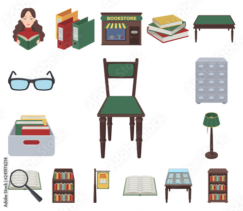 Library and bookstore cartoon icons in set collection for design. Books and furnishings vector symbol stock web illustration.
