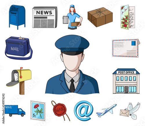 Mail and postman cartoon icons in set collection for design. Mail and equipment vector symbol stock web illustration.