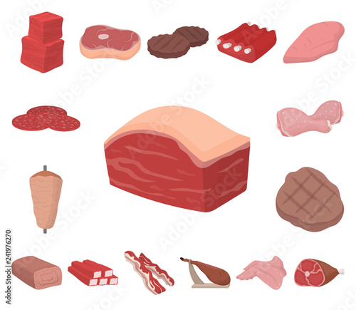 Different meat cartoon icons in set collection for design. Meat product vector symbol stock web illustration.