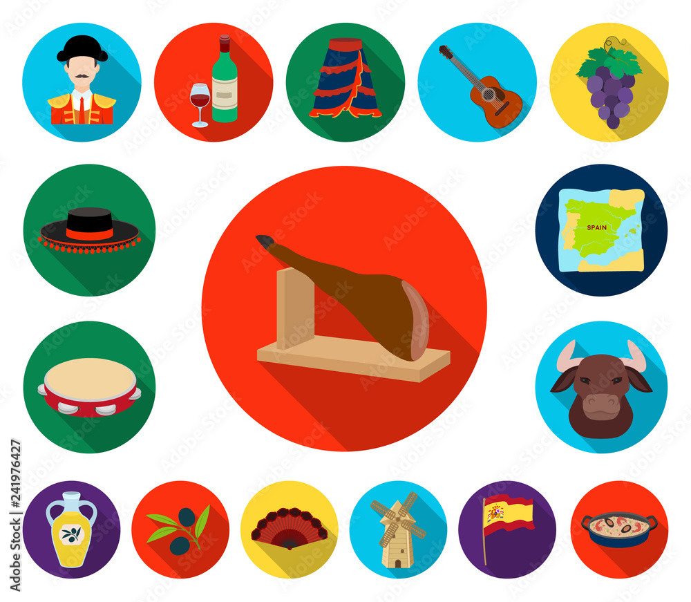 Spain country flat icons in set collection for design.Travel and attractions vector symbol stock web illustration. Spain country flat icons in set collection for design.Travel and attractions vector symbol stock web illustration.