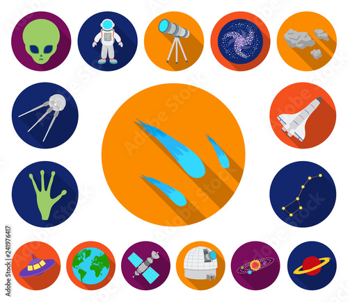 Space technology flat icons in set collection for design.Spacecraft and equipment vector symbol stock web illustration.