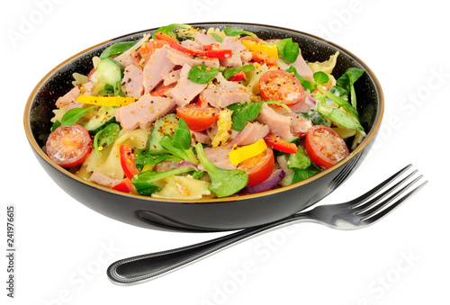 Ham and pasta salad meal isolated on a white background