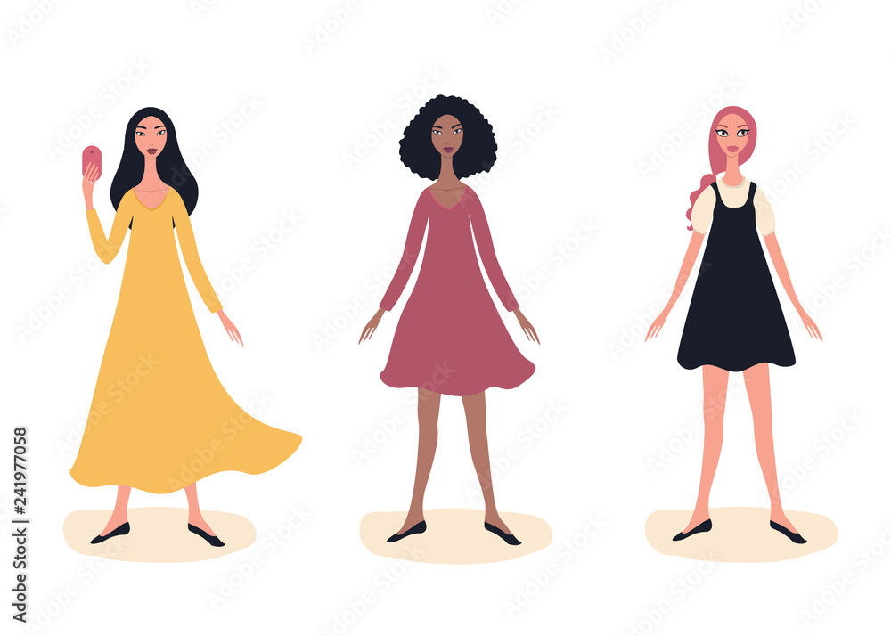 Three young beautiful girls Full length fashion model woman portrait standing wearing trendy cute clothes Multi racial Exotic looking Asian African American Caucasian Slim Happy Cheerful Mobile phone. Three young beautiful girls Full length fashion model woman portrait standing wearing trendy cute clothes Multi racial Exotic looking Asian African American Caucasian Slim Happy Cheerful Mobile phone.