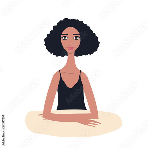 Lovely young Beautiful Mixed race girl with black curly hair wearing black sleeveless top sitting at table African American Asian Arabic Indian Exotic person portrait isolated on white background.