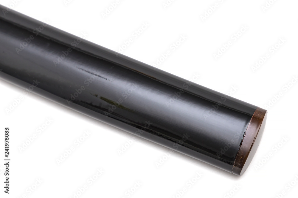 Close up 'Saya' : shiny black scabbard with horn tip at the end of a 'katana' : Japanese long sword isolated in white background. Close up 'Saya' : shiny black scabbard with horn tip at the end of a 'katana' : Japanese long sword isolated in white background.