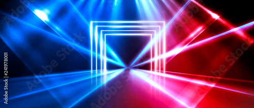 Abstract arch, neon light, rays. Abstraction of a blue background with red reflections.