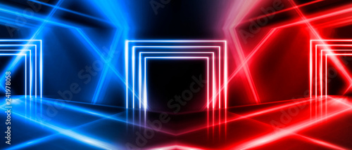 Abstract arch, neon light, rays. Abstraction of a blue background with red reflections.