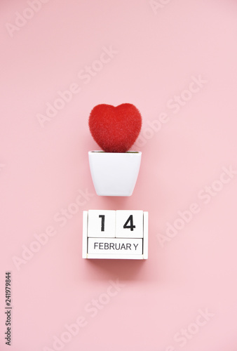 Red heart In white pots on pink background for 14 february Flat lay,style Minmal Concept love Valentine day