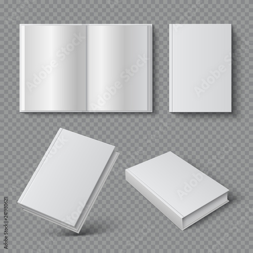 Realistic book cover. Blank brochure cover mockup, white paperback surface, empty textbook magazine catalog. Isolated 3D vector set