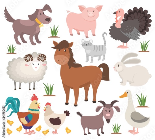 Cartoon farm animals. Turkey cat ram goat chicken rabbit horse. Village animal vector collection