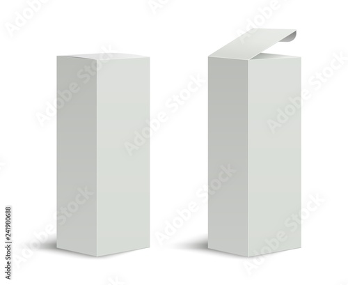 Tall box. High white cardboard box with a closed and open lid. Set of realistic vertical tall cardboard rectangular packaging, paper boxes. Vector 3D illustration isolated collection