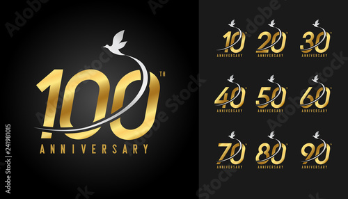 Set of anniversary logotype. Golden anniversary celebration with flying bird. Design for company profile, booklet, leaflet, magazine, brochure poster, web, invitation or greeting card.