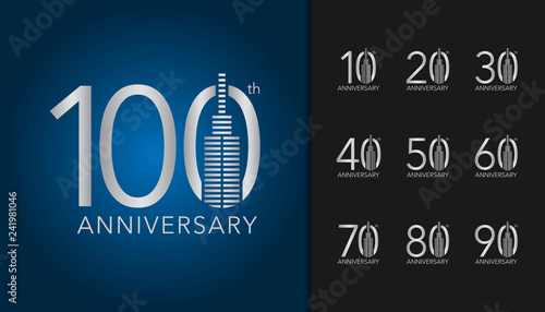 Set of anniversary logotype. Silver anniversary celebration emblem with building. Design for company profile, booklet, leaflet, magazine, brochure poster, web, invitation or greeting card.