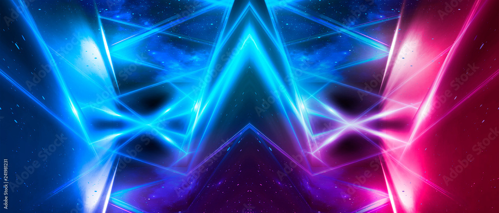 Background wall with neon lines and rays. Background of an empty dark corridor with neon light. Abstract background with lines and glow. Background wall with neon lines and rays. Background of an empty dark corridor with neon light. Abstract background with lines and glow.