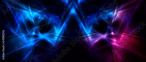 Background wall with neon lines and rays. Background of an empty dark corridor with neon light. Abstract background with lines and glow. © MiaStendal