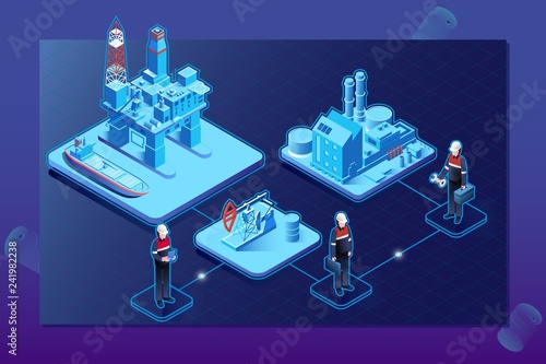 Gas oil industry isometric flowchart with offshore drilling extraction rig platform storage tank and transportation vector illustration