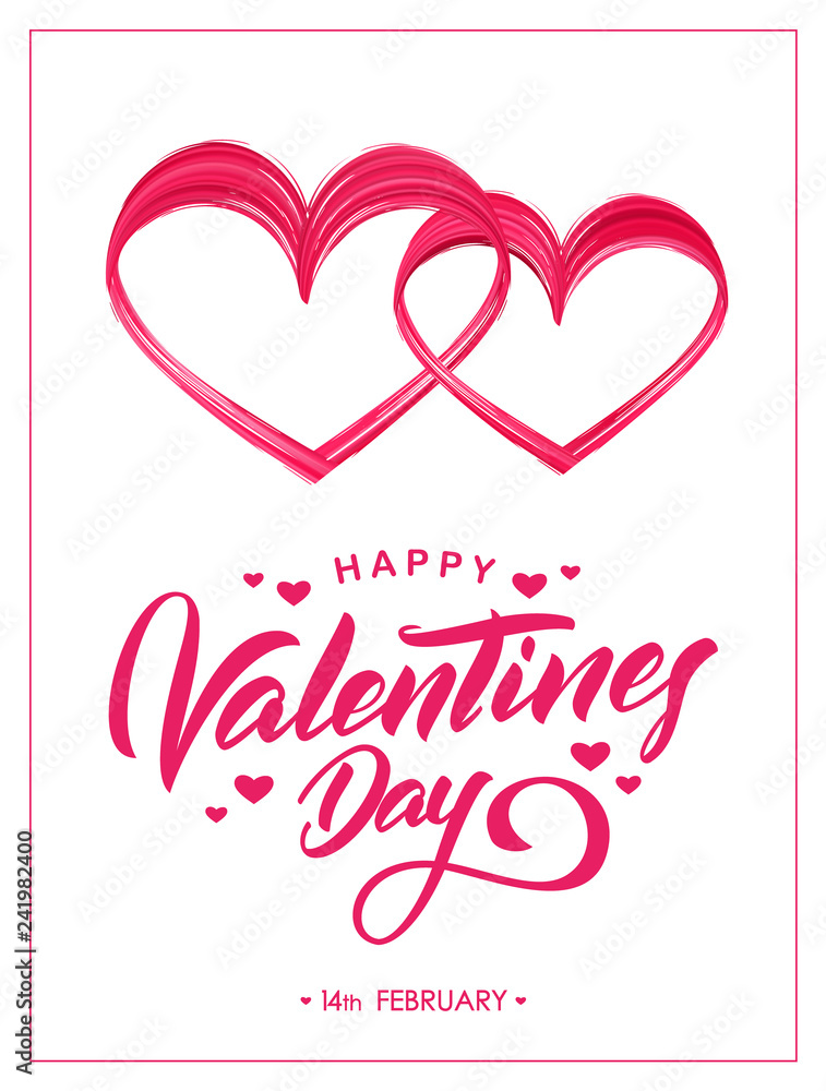 Greeting card with hand lettering of Happy Valentines Day and brush stroke paint shape of two hearts