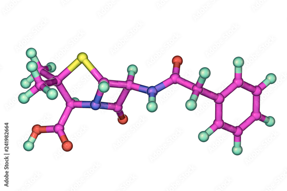 Molecular model of penicillin antibiotic, 3D illustration. It is one of the first discovered antibiotics Molecular model of penicillin antibiotic, 3D illustration. It is one of the first discovered antibiotics