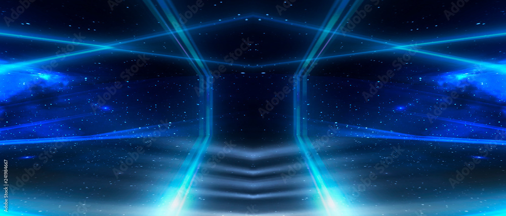 Abstract blue background with rays, laser. Dark empty scene, rays of light.