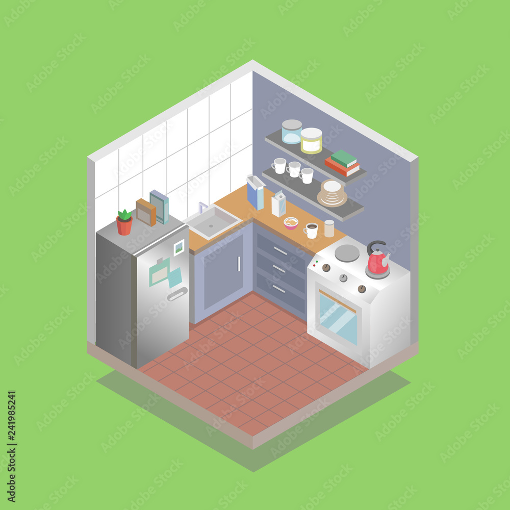 kitchen in isometric style, room with kitchen appliances and utensils
