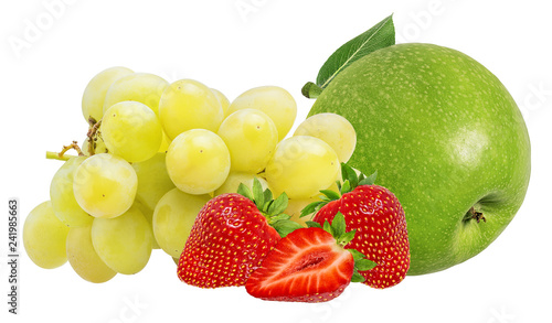Fototapeta Naklejka Na Ścianę i Meble -  Fresh grapes, strawberry and apples isolated on white background with clipping pass