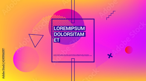 Memphis Minimal Cover Horizontal Vector Template. Neon Gradient Overlay, Small Space Particles Background. Geometric Memphis Design Elements, Horizontal Music Poster. Vintage Elemets Business Design.