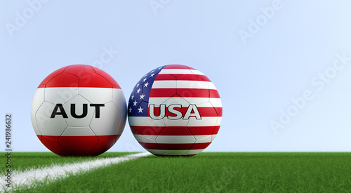 USA vs. Austria Soccer Match - Soccer balls in Austria and USA national colors on a soccer field. Copy space on the right side - 3D Rendering 