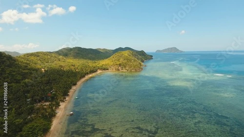 aerial view sand beach and palm trees on tropical island with turquoise sea. tropical seascape s Tropical landscape ocean, sky, sea Busuanga, Palawan, Philippines photo