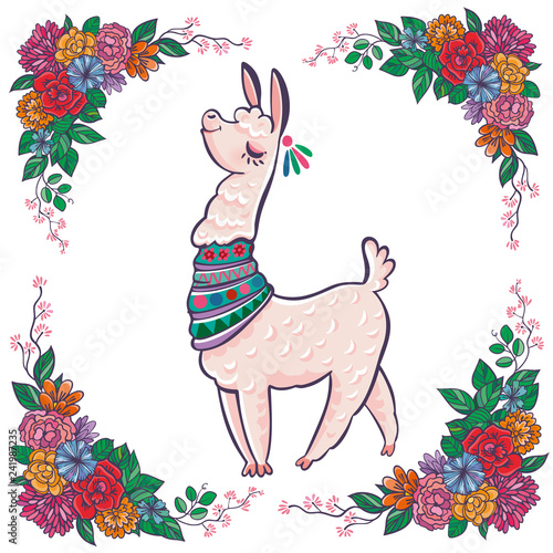 Beautiful llama, alpaca portrait with flowers frame. Vector, sketch, outline, cartoon Illustration