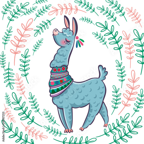Llama cartoon alpaca. Llama animal vector isolated illustration. Design for card, sticker, fabric textile, t-shirt. Children, child of modern trendy style