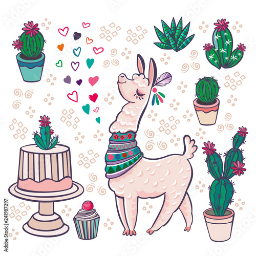 Mexican Alpaca Llamas and desert plants vector set. Cartoon lamaser and easter cactus with flowers illustration
