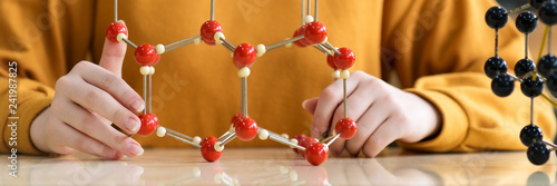 Unrecognisable female student holding molecular structure model. Science class concept.