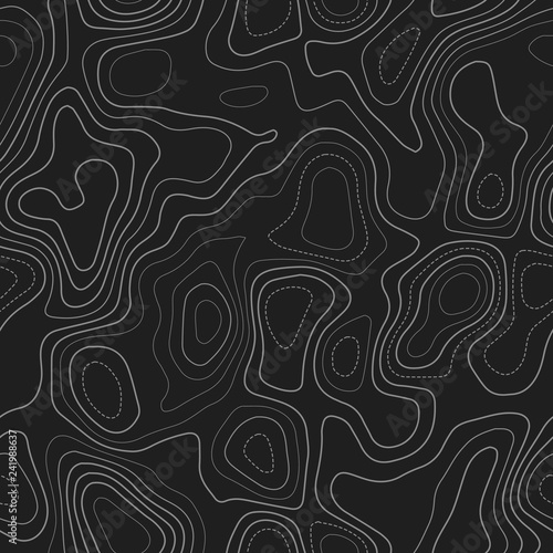 Topographic map background. Actual topography map. Dark seamless design, delicate tileable isolines pattern. Vector illustration.