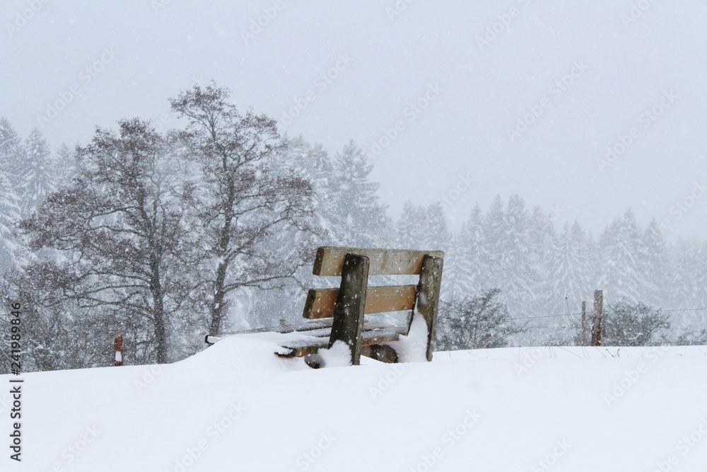 Holzbank bei Schneetreiben, Allgäu, Bayern