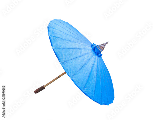 Colorful blue oil paper umbrella with wood handle isolated on white background with clipping path