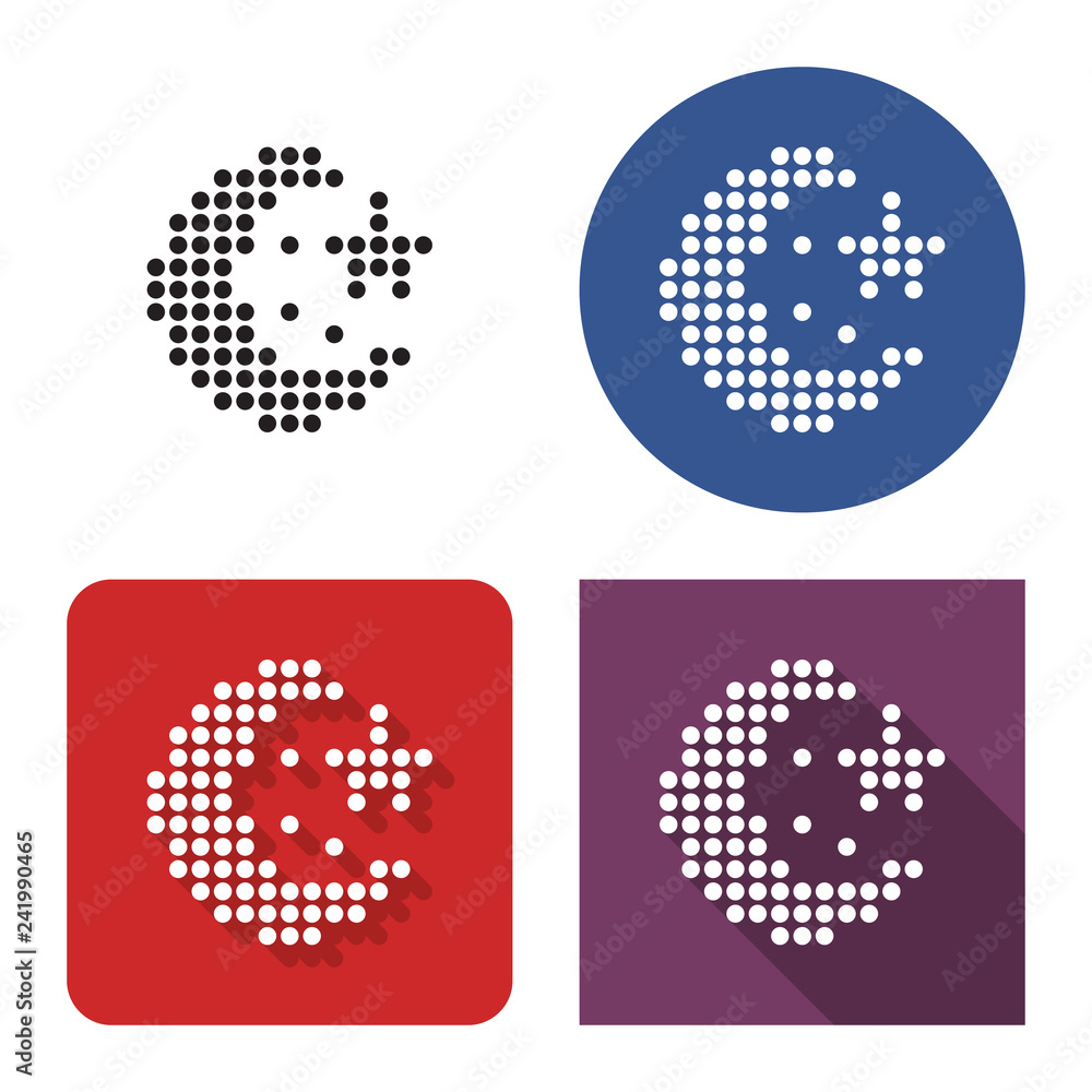 Dotted icon of crescent with stars (clear night weather) in four variants. With short and long shadow Dotted icon of crescent with stars (clear night weather) in four variants. With short and long shadow