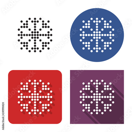 Dotted icon of  snowflake in four variants. With short and long shadow