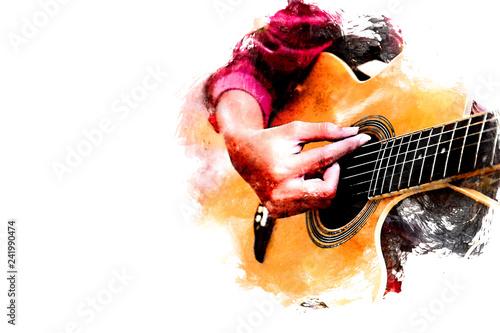 Close up beautiful woman playing acoustic guitar on walking street on watercolor painting background.
