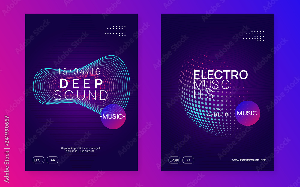 Fototapeta premium Dj party. Dynamic gradient shape and line. Bright concert brochure set. Neon dj party flyer. Electro dance music. Techno trance. Electronic sound event. Club fest poster.