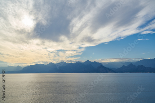 Mountain, sea and sky background