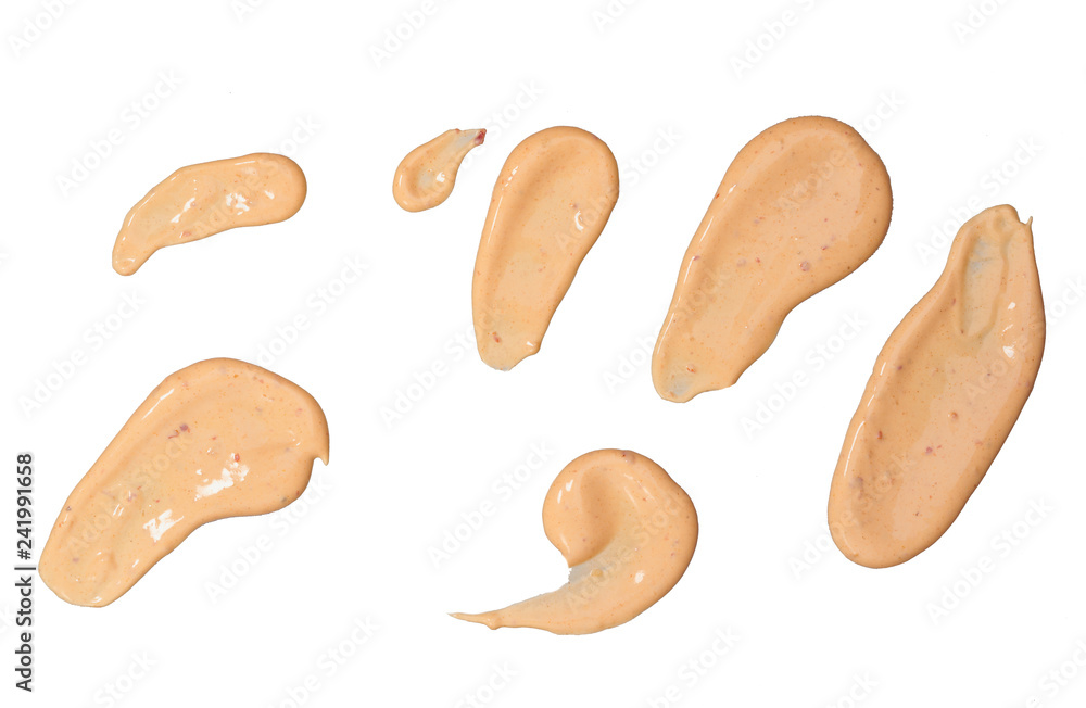 Fototapeta premium Brush strokes paprika sauce isolated on white background.Top view.